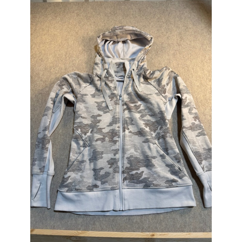 Athleta Womens Grey Camo Full Zip Hoodie Sweatshirt Thumbholes Size M T0024